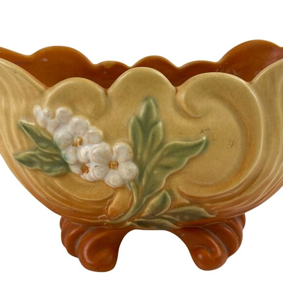 Weller Pottery Roba Footed Planter Bowl With Floral Design & Scalloped Edge - Picture 2 of 12